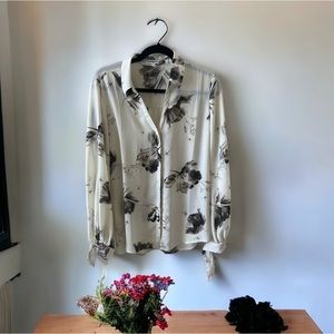 Express Cream Floral Button-Up Blouse with Black Floral Print